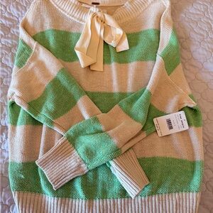 NWT Free People Cream and Mint Scoop-Neck Stripe Sweater with Tie